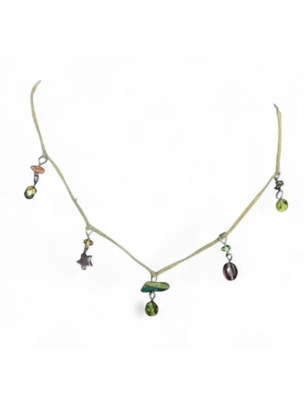 Vtg Express Cord Charm Necklace Star Pendant Green Purple Crystals 17 in